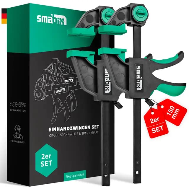 SMABIX® Einhandzwingen 2er Set zum Spannen, Dehnen, Fixieren mit einer Hand, 71Kg Spannkraft, Spannweite 150 mm, Dehnbereich 135mm - 285mm, Einhandzwinge, Zwingen, Schraubzwingen, Schnellspannzwinge