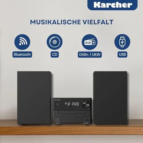Karcher MC 6475D Stereoanlage Kompaktanlage mit CD-Player, DAB+ / UKW Radio, Bluetooth 5.4, MP3-Wiedergabe via USB/AUX, Musikcenter mit 20 Watt RMS, Wecker & Fernbedienung