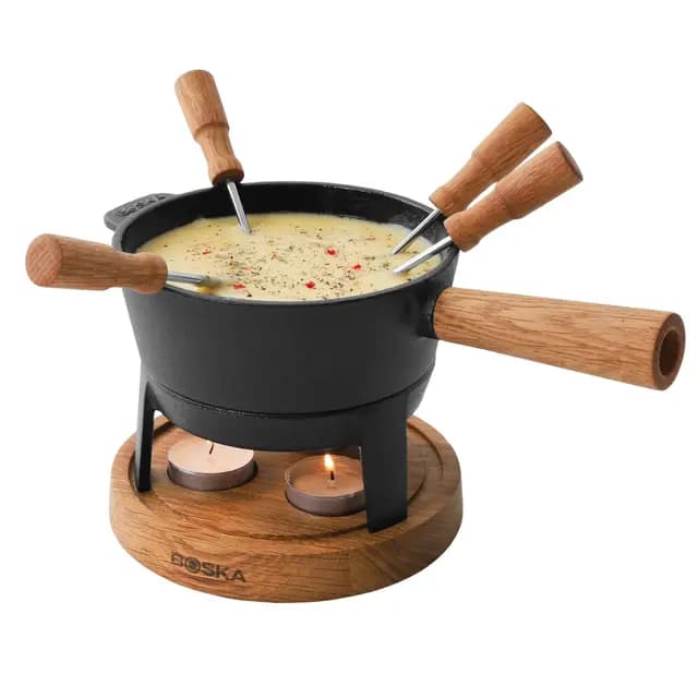 BOSKA Fondue Set Pro S - 2 bis 4 Personen - Käsefondue Teelichter mit Stil - 700 ml Inhalt für 350 gr Geschmolzenen Käse [Ink. Fonduegabeln] [Stabile, Eichenholz und Edelstahl]