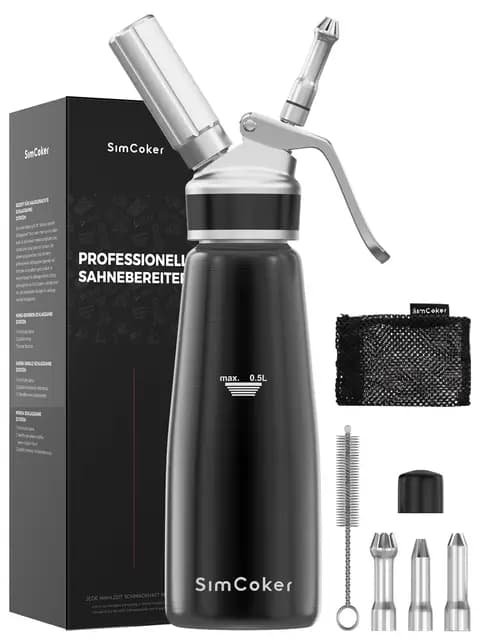 Professioneller Sahnespender aus Aluminium 500ml / 1 Pint, auslaufsicher für Desserts und Kaffee, 3 Dekorationsaufsätze, lebensmittelgeprüft, N2O Kapseln Nicht enthalten