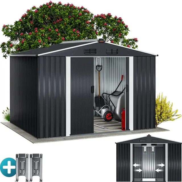 GARDEBRUK® XXL Metall Gerätehaus 5m² mit Fundament 260x205x180cm Schiebetür Metallic-Grau Geräteschuppen Gartenhaus 9m³