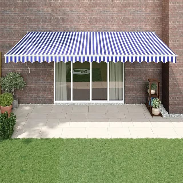 IKAYAA Elektrische markise 500x300 Elektrische Gelenkarmmarkise Markise mit Fernbedienung und Kurbel Sonnenmarkise Sonnenschutz-Blau und Weiß-500 x 300 cm
