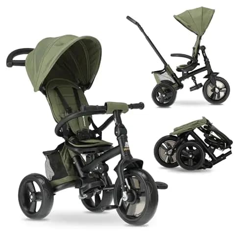 Deryan Explorer Dreirad ab 9 Monate bis 25 kg - Kinderdreirad mit schubstange - Kompakte zusammenklappen - drehbarer Sitz Vorwärts und Rückwärtsfahrt - ausklappbarem Verdeck mit Sonnenschutz - Grün