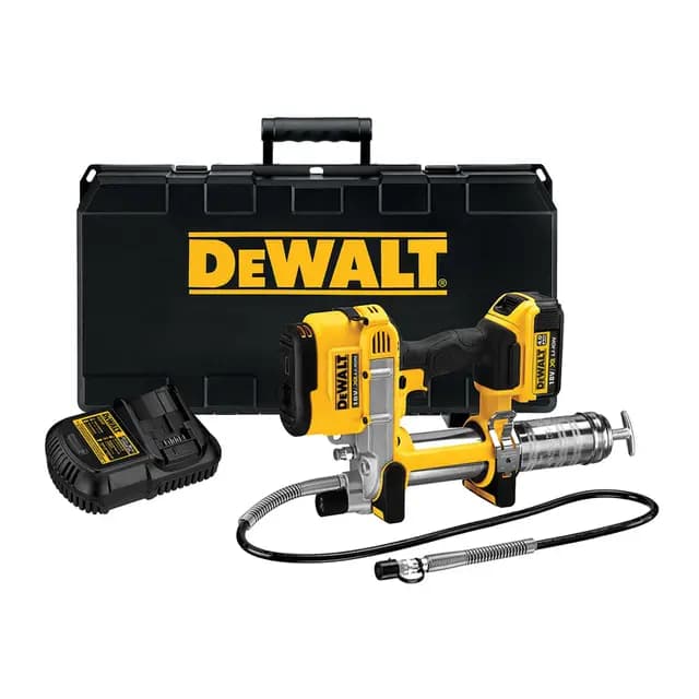 Dewalt 18 Volt Akku-Fettpresse DCGG571M1 (690 bar Arbeitsdruck, Fassungsvermögen: 400 gr. mit Kartuschen u. 473 gr. Aus Gebinden, 1 m Schlauch, inkl. 18 Volt 4 Ah Li-Ion Akku und Ladegerät, Koffer)