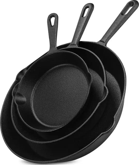 3-teiliges Set aus Gusseisenpfannen, Kochpfanne, vorgewürzte Gusseisenpfannen, Grillpfanne Gusseisen mit Griff, 6, 8 und 10 Zoll, einfache Verwendung im Ofen, Herd, Grill oder Lagerfeuer, Schwarz
