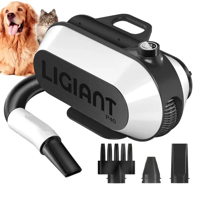 LIGIANT P40 Hundefön Blower, Ultra-Leise (40 dB Katzen-Modus), 3-in-1 Düsen, Einstellbare Geschwindigkeit & Temperatur, Negativ-Ionen-Technologie, Tragbar & All-in-One-Aufbewahrung für Hunde & Katzen