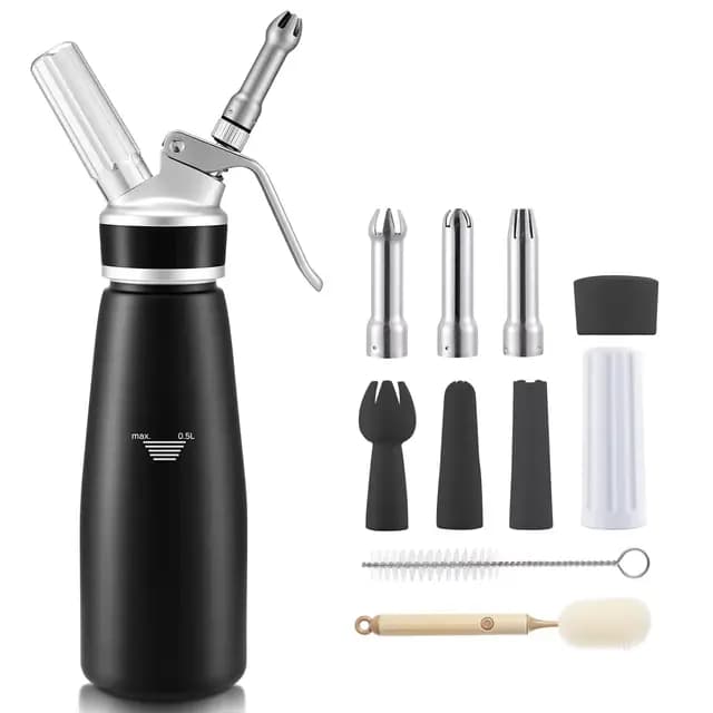 Sahnespender 500 ml, Professioneller Aluminium Sahnesiphon, mit 3 Edelstahl Deko-Düsen 3 Kunststoffdüsen und 2 Reinigungbürste, Auslaufsicherer sahnesiphon für die Zubereitung von Schlagsahne, Creme,