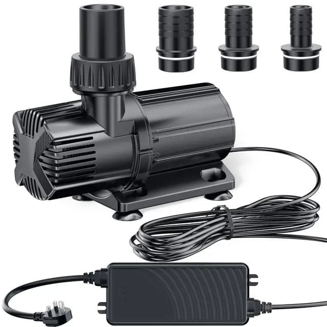 POPOSOAP DC-Teichpumpe 6000 L/h, 24V Niederspannung Tauchpumpe mit AC/DC-Wandler, Geräuscharm, 4 Schlauchadapter für Gartenteiche, Aquarien, Brunnen und Wasserspielereien