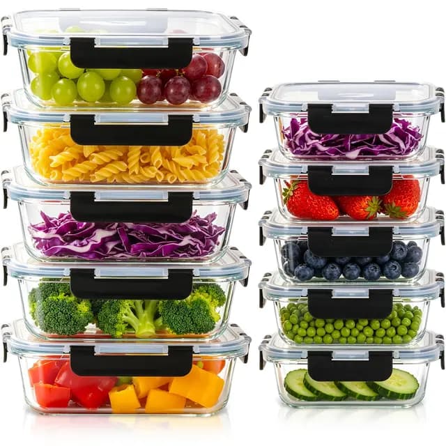 Hotec Glas-Frischhaltedosen Set, 20 Teile (10 Behälter, 10 Deckel), Auslaufsicher, BPA-frei, Mikrowellen-, Ofen-, Gefrier- & Spülmaschinengeeignet, Robustes Borosilikatglas (1040ml & 370ml)