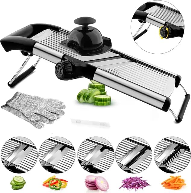 Mandolinenschneider, Gemüsehobel für Küche, Mandoline, Kartoffelhobel, Gemüseschneider, verstellbarer Edelstahl, Gemüse, Zwiebeln, Tomaten, Julienne-Schneider mit schnittfesten Handschuhen (Silber)