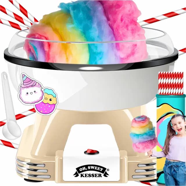 KESSER® Zuckerwattemaschine Set für Dein zuhause - Mit 30x Zuckerwatte Stäbchen & Messlöffel - Retro Cotton Candy Machine - Zuckerwatte Maschine Mit Zubehör - Höhe 22 cm - 500 W Creme Weiß