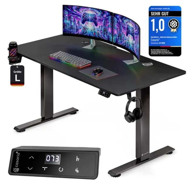 Casaria® Höhenverstellbarer Gaming Schreibtisch elektrisch 140 x 70 cm mit Wireless Charger & USB-C/A Anschluss LCD-Display Memory-Funktion 80 kg belastbar ergonomisch Gamer Carbon Optik