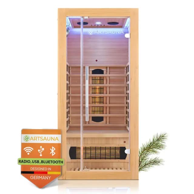 Artsauna Infrarotkabine Kiruna90 mit 4 Vollspektrum- & 3 Flächenstrahler, 1 Person, 90 x 90 x 190 cm, LED Farblicht & Glastür, Infrarotsauna Sauna
