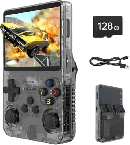 R36S Retro Spielkonsole, 3,5 Zoll IPS Bildschirm, 128GB Speicher, 40.000 Vorinstallierte Spiele, Tragbare Handheld Konsole für Kinder und Erwachsene, Multi-Emulator Unterstützung, Schwarz