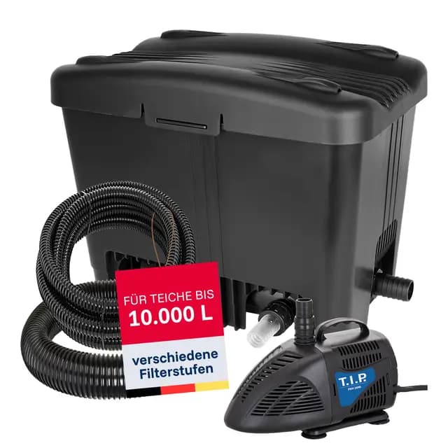T.I.P. Teichfilter - Teichaußenfilter-Set (10.000 l Teichvolumen, Wet-and-Dry Technologie, UV-C 11 W, Filterbehälter 35 l, inkl. Pumpe, UV-C Strahler, Schläuche, Filtermaterial) WDF 10000 UV 11, 30495