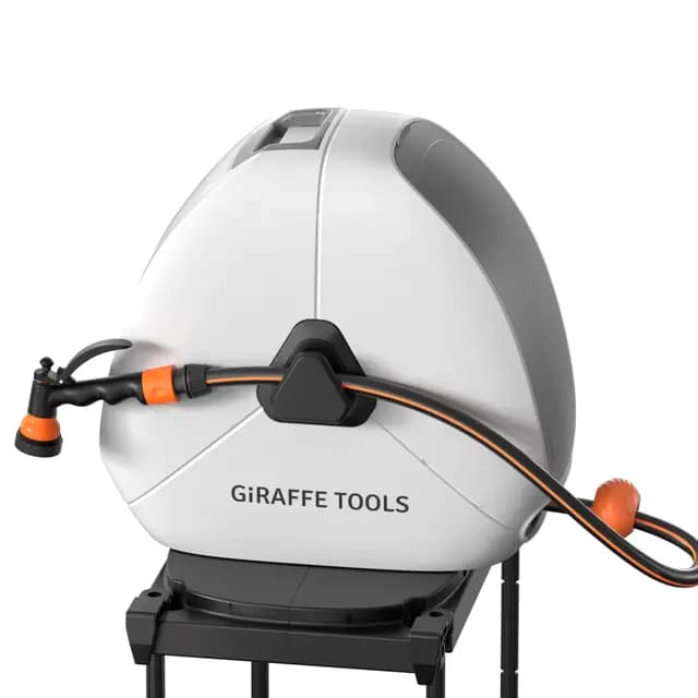 Giraffe Tools Ausziehbare Schlauchtrommel mit 30 m, Robuste Bodenmontage, Gartenschlauchtrommel, mit 7-Funktions-Sprühdüse und 360° Flexiblem Drehsockel – Bild 1