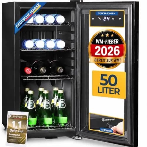 Sommertal Getränkekühlschrank 50L – Mini Kühlschrank schwarz mit Glastür, Touchscreen & LED | Kleiner Flaschenkühlschrank abschließbar & leise für Büro, Zuhause, Bar, Kellerbar & Minibar