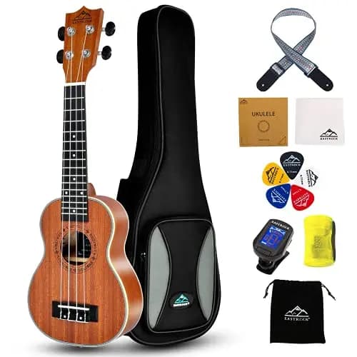 EASTROCK Sopran Ukulele, 21Zoll Hochwertiges Sapeli Ukulele für Kinder, Anfänger und Erwachsene, Ukulele Set mit Gurt, Aquila Nylon Saiten, Tasche, Stimmgerät, 5 Plektren