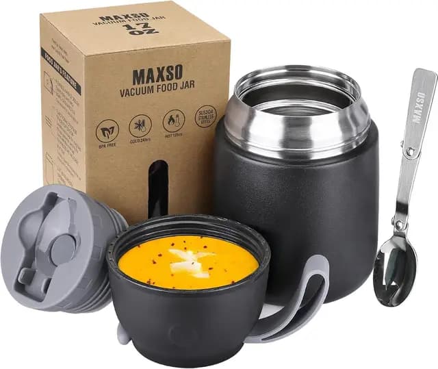 VITONIS Thermobehälter für Essen 500ml Edelstahl Isolierbehälter Gefäß für warme Speißen, Essen, Suppe, Isolierbehälter mit Löffel Thermo Gefäß, Schwarz