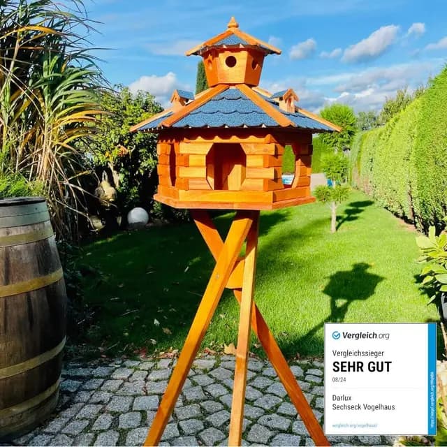 handgefertigtes Sechseck Vogelhaus aus Holz wetterfest M - XXL mit und ohne Ständer, Futterhaus, Futterhäuschen (Größe XXL mit Ständer, Blau - Braun)
