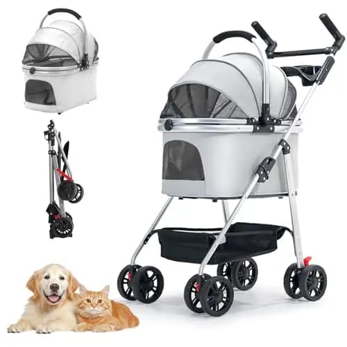 Hundewagen 3 in 1, Haustiere Buggy für mittelgroße Hunde, Faltbarer Hundebuggy bis 20kg, Haustiere Transportbox, Hundewagen mit abnehmbarem Carrier Autositz und Nahrungsmittelfach (grau)