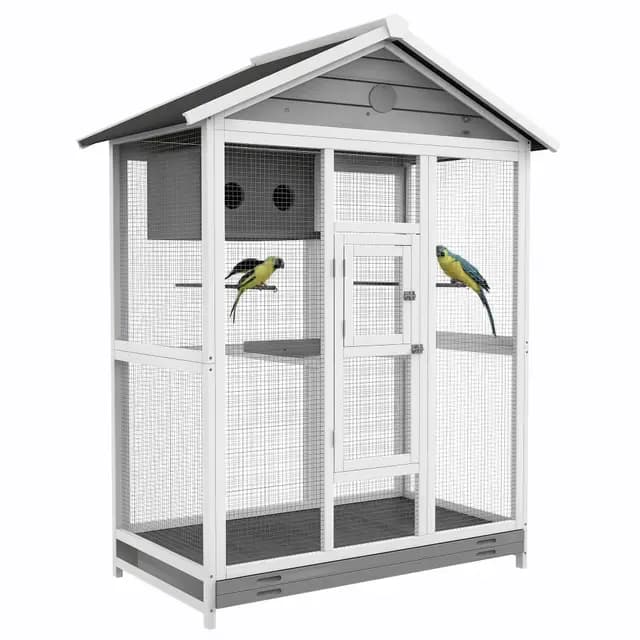 PawHut Voliere Vogelvoliere aus Holz, Vogelkäfig mit 4 Sitzstangen, Stahlgittern, 2 Türen, Vogelhaus für Sittiche, Finken, Stahl, Grau, 112 x 68 x 154 cm