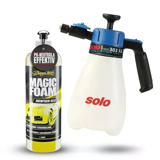 ShinyChiefs SOLO Schaumsprüher 303 FA & MAGIC FOAM GELB 500ml - 1,25L Pumpflasche mit Flachstrahldüse für optimalen Schaum - 3 Bar Drucksprüher mit Autoshampoo im Set für die Autowäsche