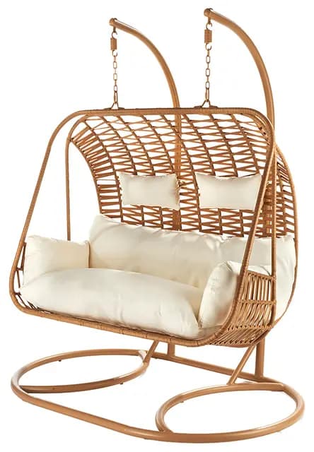 Kobolo Hängekorb MABURI Zweisitzer | 165x110x190 cm | braun | eleganter Hängesessel aus Polyrattan für 2 Personen | geflochtener Doppelsitzer mit Kissen | gemütlicher Hängestuhl für Wohnraum & Balkon