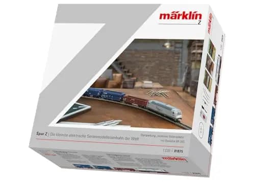 Märklin 81875 Spur Z Startpackung Moderner Güterverkehr – Diesellok BR 285 mit Metallfahrwerk, 3 Güterwagen, Gleisoval & Fahrgerät – Modellbahn Startset 1:220