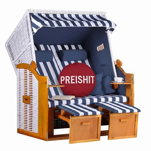 MR. DEKO Strandkorb Ostsee Volllieger 2-Sitzer | PE Geflecht Weiß Bezug Uni blau | inkl. 4 Kissen & Klapptisch | Strandstuhl verstellbar | Strandkörbe aus Hartholz mit Fußablage (Dessin Blau Weiss)
