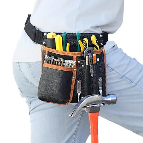 Werkzeuggürtel Herren, Echtes Leder Werkzeug Gürteltasche, Mit verstellbarem Hüftgurt, Werkzeugtasche mit Hammerhalter für Tischler, Gärtner, Rahmenbauer, Dachdecker, Handwerker