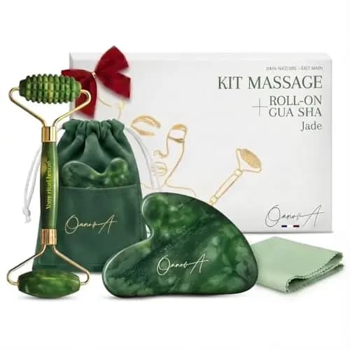 Jade Gesichtsroller und Gua Sha Stein Set - 2-in-1 Massageroller mit Glatter & Akupressur Seite - Echtes Jade Gesichtsmassagegerät für Skincare & Lymphdrainage - Face Roller [OanovA]