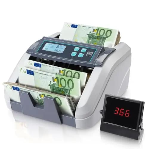 MUNBYN IMC51 Geldzählmaschine für Einzelwert, Wert der Währung kann nicht automatisch erkannt werden,Add+Batch Modus Geldscheinzähler, UV/MG/IR/MT-Erkennung, nur EUR-Geldzähler, 1100 Blatt/min, Grau