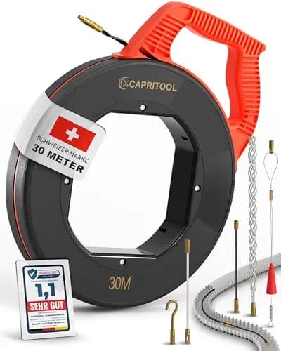 Kabeleinziehhilfe 30m – Flexible Einziehfeder und Zugdraht für Leerrohre – Kabelziehhilfe inkl. 5 Adapter – Langlebige Kabel Einzugshilfe für Elektroarbeiten – Hochwertige Einziehspirale