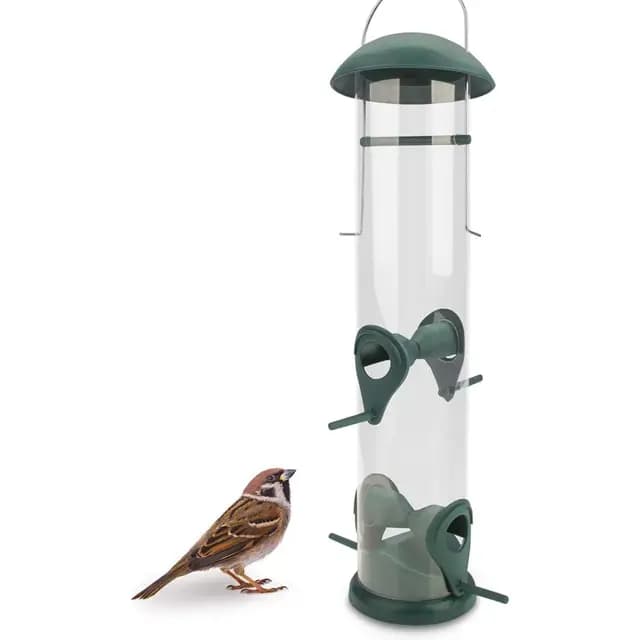 WILDLIFE FRIEND I 30cm Körner Vogelfutterspender grün - mit 4 Anflugplätzen, Vogel Futterstation, Futtersäule, Körner Wildvögel Futtersilo