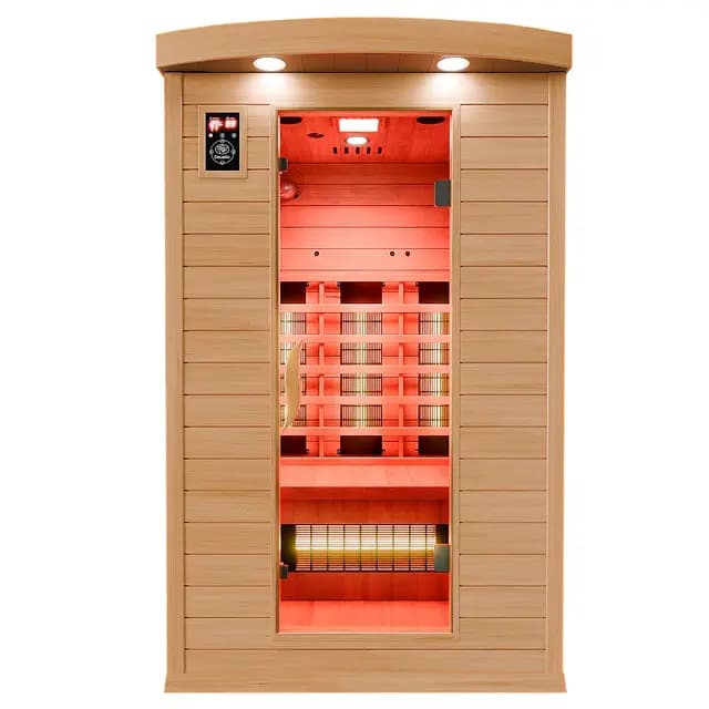 Dewello® Infrarotkabine Infrarotsauna Hyder 115x105 für 1-2 Personen aus Hemlock Holz mit Vollspektrumstrahler, LED-Farblicht, Bluetooth, FM,MP3,USB