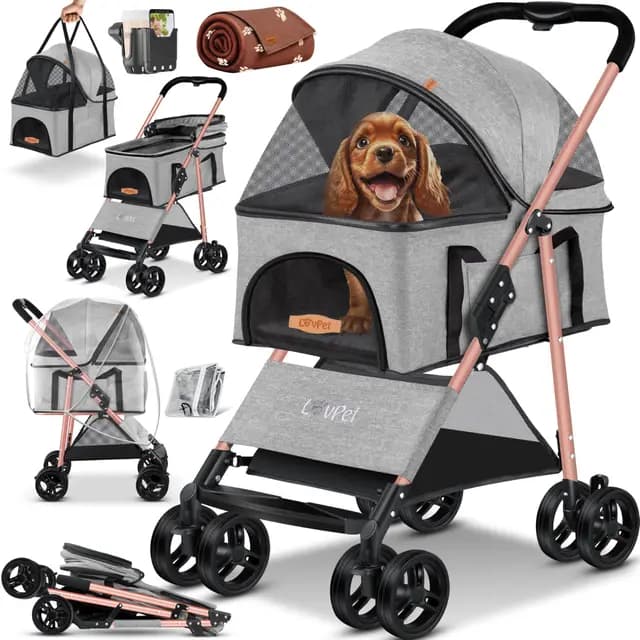 LOVPET® Hundewagen 2in1 Hundebuggy Hundebox Tragetasche Faltbar klappbar bis 20kg, mit 360°Drehrädern Inkl. Netzfenstern Getränkehalter, Regenschutzabdeckung & Kuscheldecke, Jogger Buggy für Haustiere