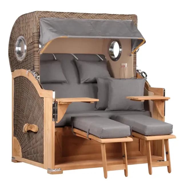 MR. DEKO Strandkorb Baltikum Teakholz XL Volllieger Strandstuhl PE Geflecht Grey Teak Bullauge anthrazit inkl. 4 Kissen - Wechselpolster - Strandkörbe Garten, Wintergarten, Terrasse (Dessin 551)