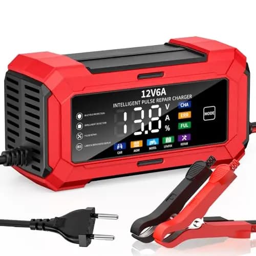 Batterieladegerät 12V 6A mit Temperaturkompensation,Kfz-Ladegerät, Mehrfachschutz für Motorrad-, Auto-, Blei, AGM, Lithium, Start-Stopp, Verpolungsschutz, Auto-Abschaltung (Rot 6)
