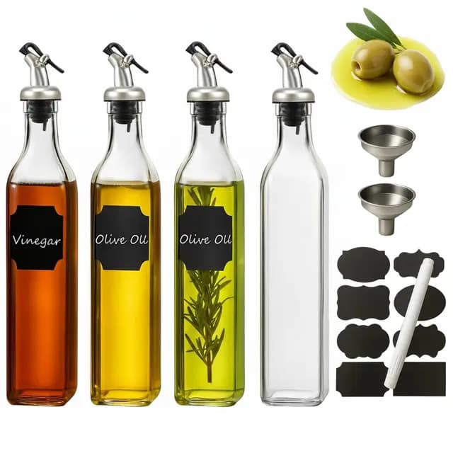 WERTIOO Ölflasche 500ML, 4 Stück Olivenöl Flasche Essig und Ölflaschen Set, 17OZ Ölflasche mit Ausgießer Glas Flaschen Öl mit Trichter & Stift für Küche BBQ, Transparent