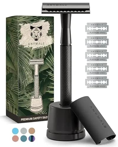 ANYMALE Safety Razor Black Edition mit Ständer & 5 Ersatzklingen