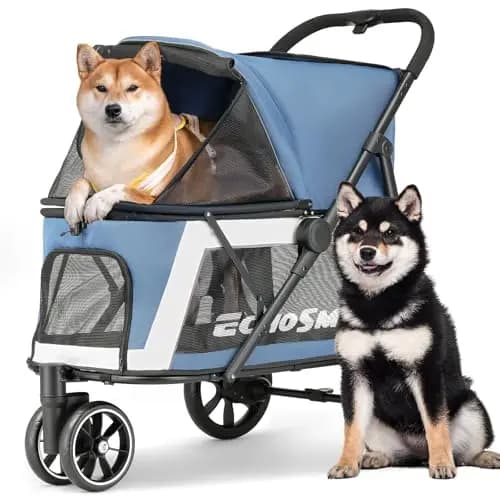 EchoSmile Hundewagen für Mittelgroße und Große Hunde bis 40kg, Faltbar Hundebuggy mit Netzfenstern, Verstellbarem Griff & 3 Geländegängige Räder, Blau + Weiß