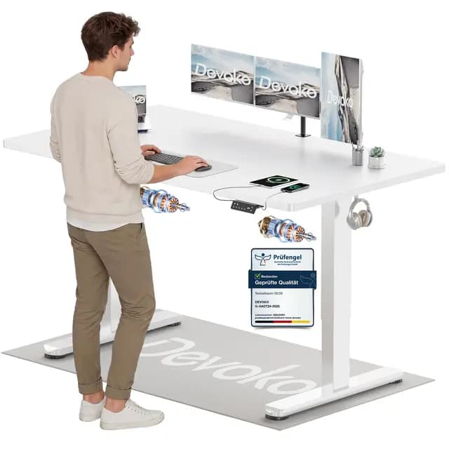 Devoko Höhenverstellbarer Schreibtisch mit 2 Motoren，25mm Einteilige Tischplatte, 160x80 cm Elektrisch Computertisch mit Kabel Management, weiß - Perfekte Ergonomie für Dein Büro