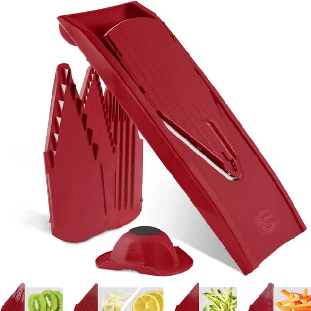 Börner Gemüsehobel V1 (Starter Set) • V-Hobel mit 4 Einsätzen & Fruchthalter • Verstellbarer Hobel für Gemüse & Obst • Gemüseschneider für Scheiben, Streifen & Würfel • Farbe: Rot