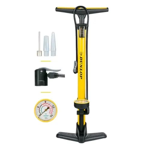 Dunlop Fahrradpumpe mit Doppelventil - Luftpumpe Fahrrad mit 2 Adaptern - für Alle Ventile - Dunlop, Presta und Schrader Ventil - 12 Bar/180PSI - Fuß Pumpe