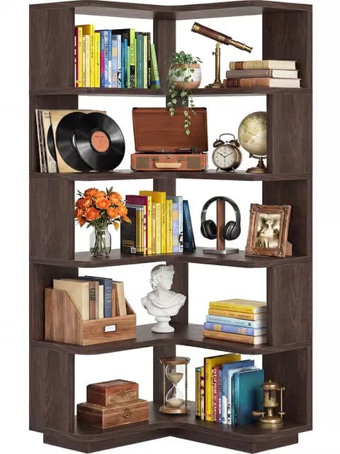 iSunirm Eckregal mit 5 Ebenen, L-Form Bücherregal für Ecken, Modernes Standregal Aktenregal für Wohnzimmer, Schlafzimmer & Büro, Holzregal Platzsparend, 60x60x162 cm, Schwarz-Walnuss
