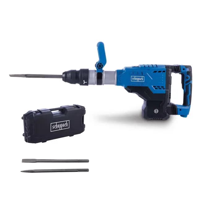 Scheppach Abbruchhammer AB2000 mit 1700W Leistung | 60J Schlagkraft | langes 3m Kabel | SDS-Max-Aufnahme | 2000 Schläge pro Minute | inkl. Spitz- & Flachmeißel & Transportbox | Bohrhammer Betonhammer
