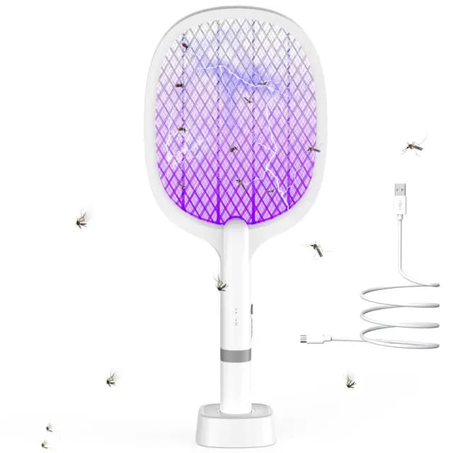 Elektrische Fliegenklatsche 5000V, Extra Stark Elektrische Fliegenfänger mit USB C Ladebasis, 2 in 1 Elektrisch Fliegenfänger Insektenvernichter für Mücken, Fliegen, Bienen, Motten