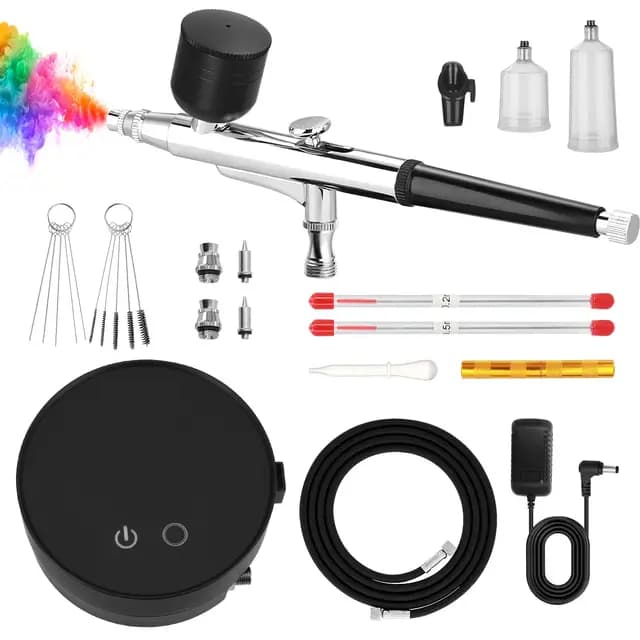 Airbrush Set mit Kompressor, 3 Druckstufen (28/35/46 PSI), Airbrush Pistole mit 3 Düsen (0,2/0,3/0,5 mm), Perfekt für Modellbau, Nailart, Make-up, Tortendeko & kreative DIY-Projekte