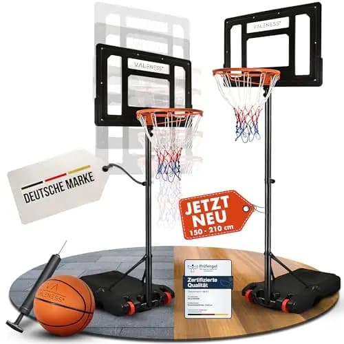 VALENESS® Basketballkorb Outdoor - [135 bis 305 cm] Höhenverstellbarer und Wetterfester Ständer - Profi Korb Mit Basketball und Pumpe für Kinder und Erwachsene
